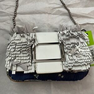 Sam Edelman Mini Annabelle fringe baguette Marine color bag